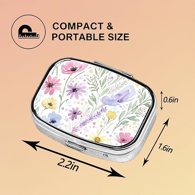 Square Pill Case Small Pill Box with Mirror Pocket 2 Compartment Vitamin Pill Medicine Case Organizer Pill Containers for Traveling Oil-Painted Wildflowers Two