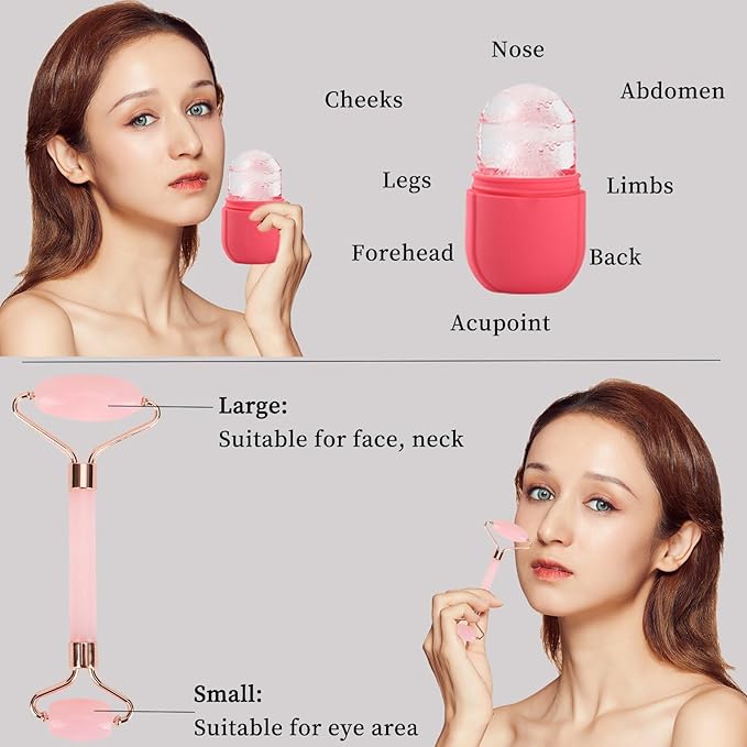 Facial Skincare Ice Roller Mold-Ice Roller for Face and Eye，Beauty Cube Brighten Skin &Enhance Natural Glow &Remove Fine Lines，Facial Beauty Ice Roller Skin Care Tools (Oval, pink set)