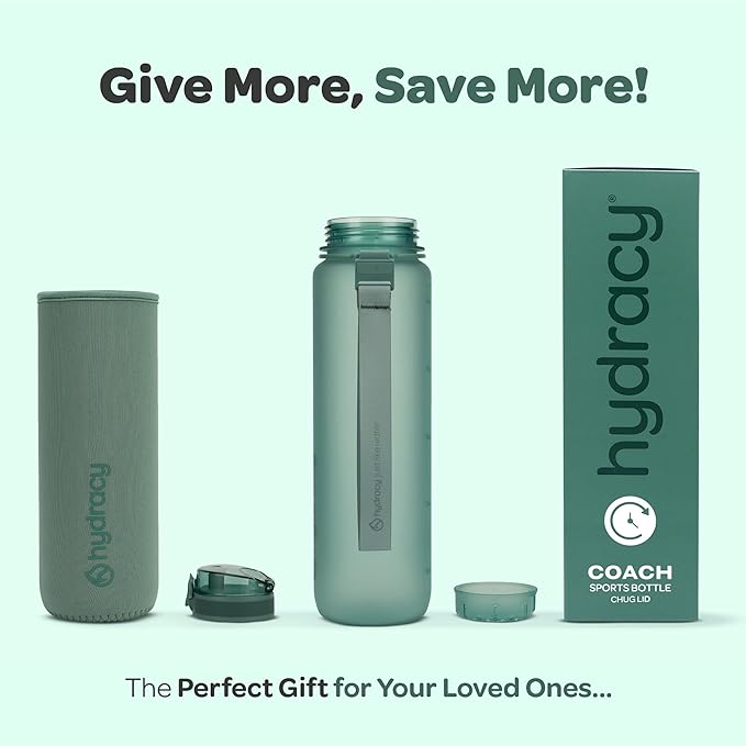 Hydracy Water Bottle with Time Marker -Large BPA Free Water Bottle & No Sweat Sleeve -Leak Proof Gym Bottle with Fruit Infuser Strainer & Times to Drink -Ideal for Fitness Sports & Outdoors