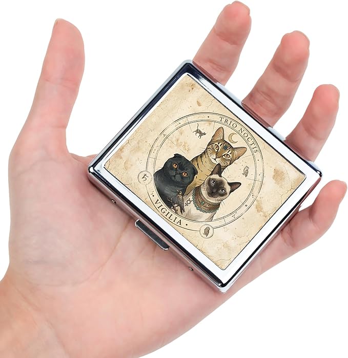 7 Days Chromed Shiny Silver Pill Organizer with Mirror Inside Has 8 Separate Compartments Rectangle,Versatile Storage for Medication - Ideal Travel Accessory (Three Cute Cats)