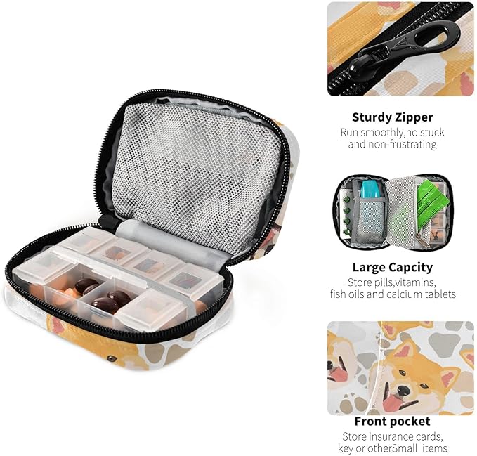 Pill Box Shiba Inu Dog 7 Day Pill Case Travel Pill Organizer Bag with Zipper Portable Weekly Vitamin Medicine Supplement Holder Pouch Bag