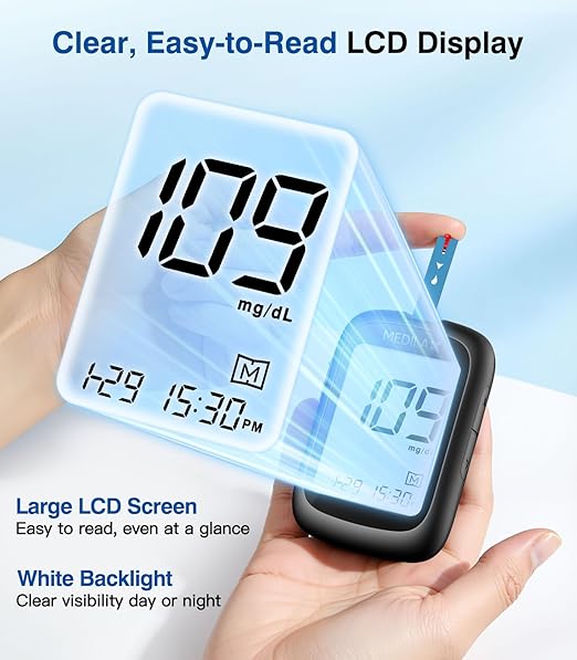 Medilax Blood Glucose Monitor Kit, Blood Sugar Testing Kit with 100 Test Strips, 100 Lancets, Glucometer and Lancing Device, 500 Memories & No Coding & Large Display Glucose Monitor for Home Use