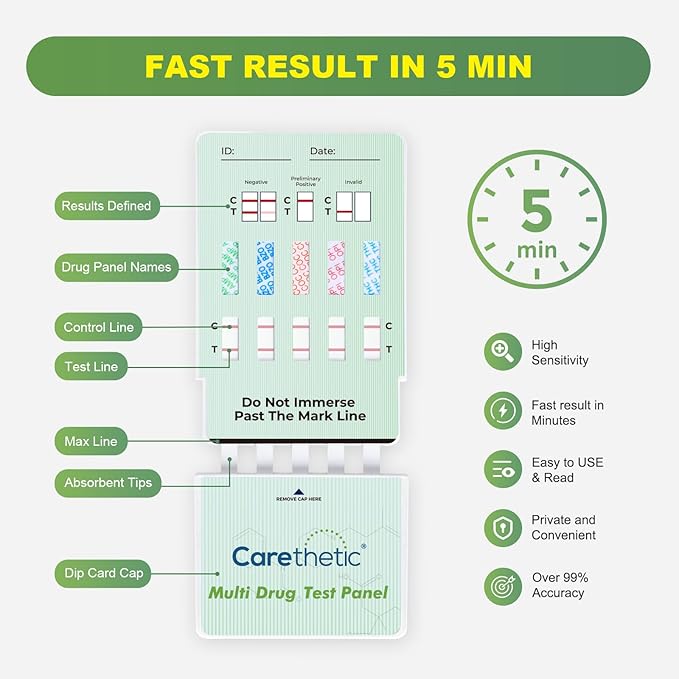 5 Panel Multi Drug Test Kit - Amphetamine, Oxazepam, Cocaine, Marijuana, Morphine - Instant Urine Screen, 5 Pack