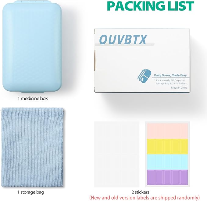 8 Grids Large Capacity Pill Organizer with Labels and Storage Bag, Airtight Medicine Case for Traveling Portable Pharmacy Box Vitamin Container 8 Compartment Supplement Medication Holder Daily, Blue