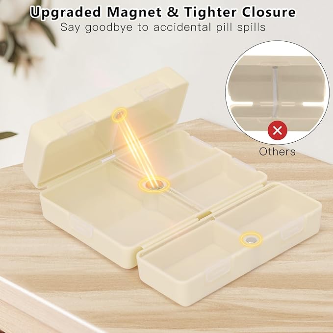 FYY Daily Pill Organizer,2 Pcs 7 Compartments Portable Pill Case Travel Pill Organizer,[Folding Design] Pill Box for Purse Pocket to Hold Vitamins,Cod Liver Oil,Supplements and Medication-White