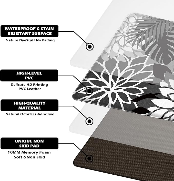 Kitchen Mats for Floor 2 Piece Cushioned Anti Fatigue Kitchen Mats Waterproof Non Slip Kitchen Mat Rug Set Comfort Foam Standing Mat for Sink, Laundry, Office, Black White