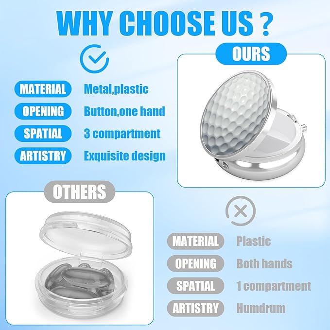 Golf Ball Pill Case,Sprot Ball Pill Box 3 Compartments Metal Small Pill Holder with Mirror Mini Travel Pill Container for Purse Pocket Women Men