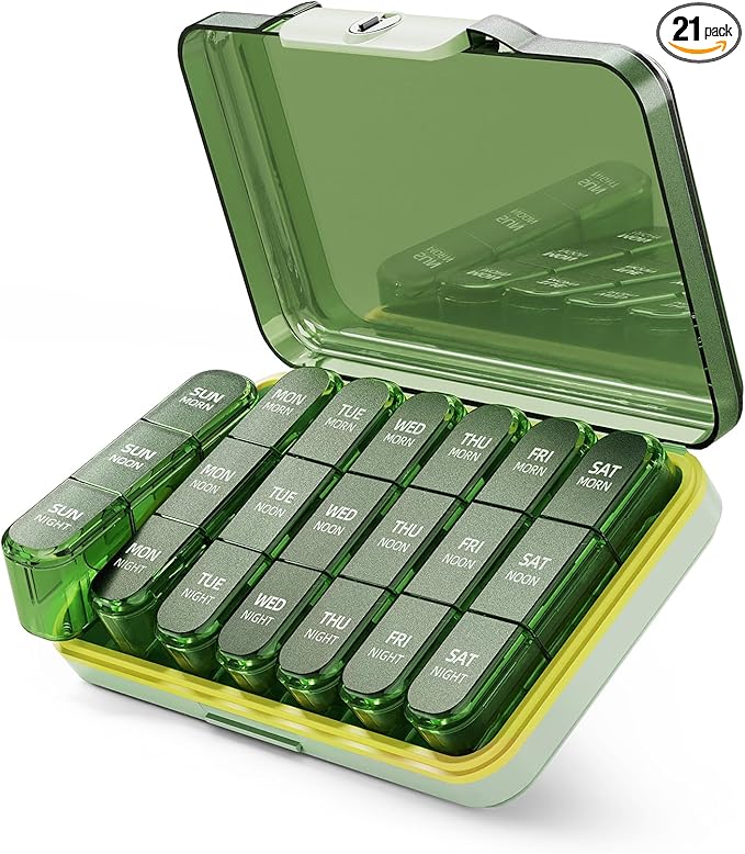 Weekly Pill Organizer 3X a Day, Detachable 7 Day Pill Box 3 Times a Day with Moisture-Proof Design, Portable Light-Proof Daily Pill Case for Pills,Vitamin,Fish Oil and Supplements(Green)