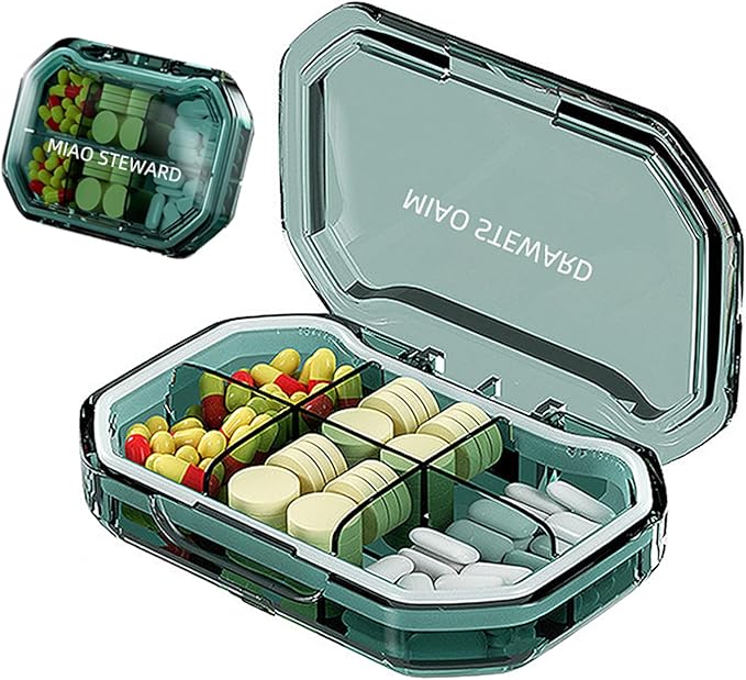 Portable Pill Organizer Waterproof Airtight BPA-Free Compact Easy-to-Carry Travel Daily Use On-The-Go Vitamins Supplements Medication Herb Pill Box Green Size 3.62×2.44×0.98 in