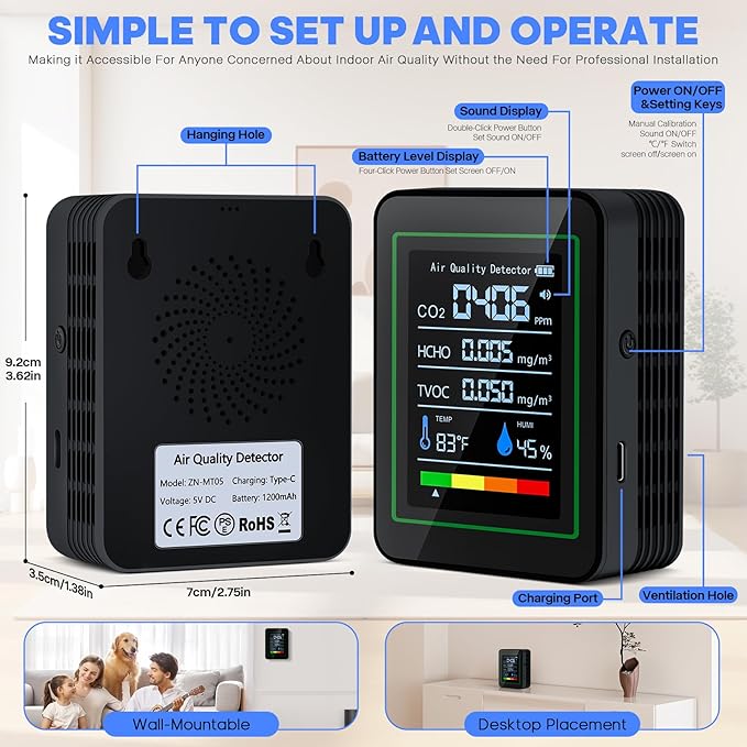 Indoor Air Quality Monitor,LXIANGN 5 in 1 Professional Air Quality Detector for CO2 | TVOC | HCHO | Temperature | Humidity for Home, Hotel, Office, Car (Black)