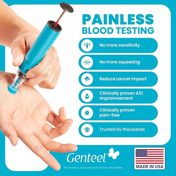 Genteel Lancing Device - Pain-Free Vacuum Lancing Device for Diabetes Testing - Blood Sugar, Glucose, Ketone, and DNA Home Tests (Butterfly Blue)