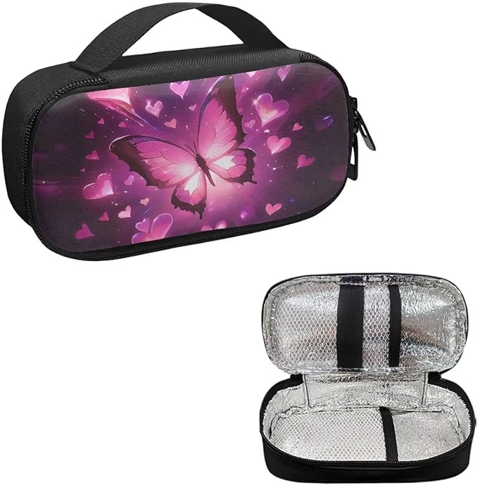 Pink Butterfly Hearts Insulated Diabetic Carrying Cooling Bag with Zipper Portable Medicine Cooling Bag for Insulin Pen and Medical Diabetic Supplies, Cute Valentine Decor