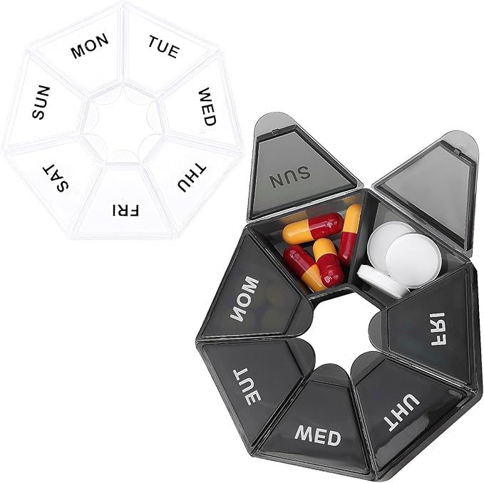 Sibba 7 Day Pill Organizer, 2 Pcs Medicine Pill Box, Daily Pill Holder, Portable Travel Pill Container Holder for Pocket or Purse, Medicine Planner for Vitamins Fish Oil, Supplements (Black, Clear)