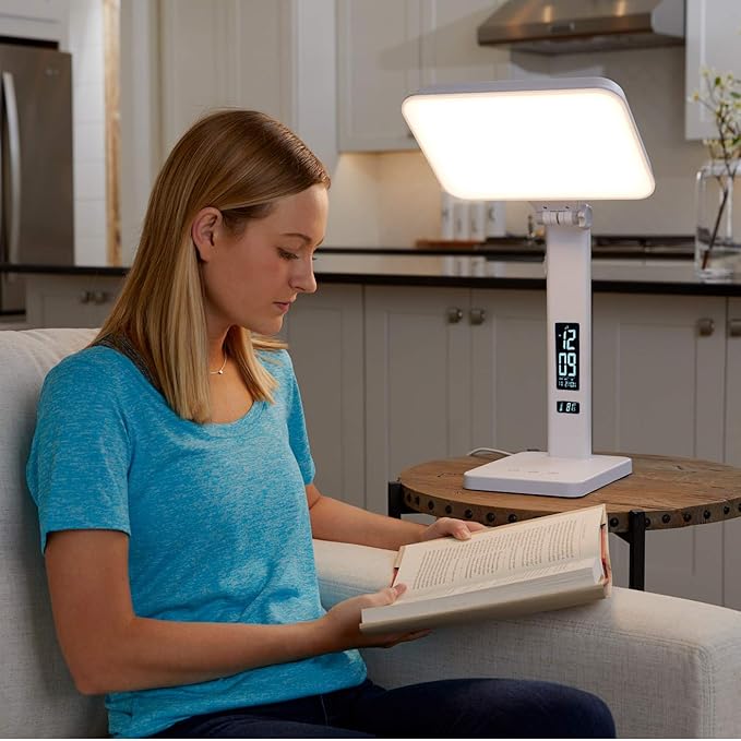 TheraLite Aura Qi Light Therapy Sun Lamp, UV Free, 10,000 LUX Light Therapy Lamp, Includes Alarm Clock, Phone Charger, USB Port, White Light