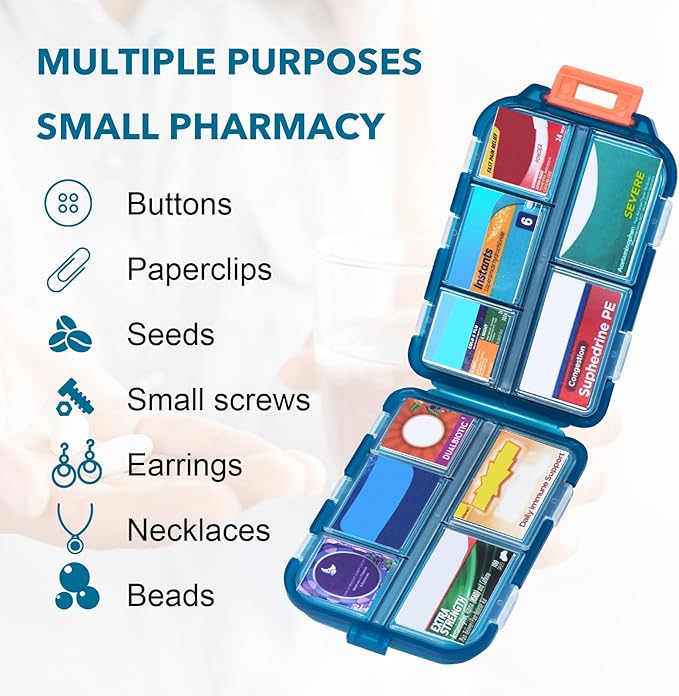 Travel Pill Organizer with Medicine Labels, 10 Compartments Travel Pill Box Medicine Organizer Purse Pill Case Daily Pill Container (Green, 189 Lables)