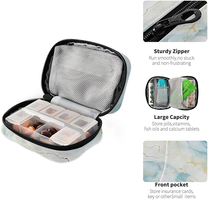 Pill Organizer Box Case Weekly Travel Pill Container Cute Pill Holder 7Day Vitamin Organizer Pill Dispenser Sorter Planner Storage Small Compact Marble Texture02