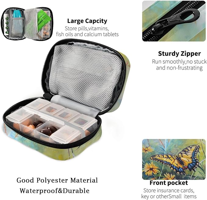 Fustylead Beautiful Butterfly and Yellow Cornflower Oil Painting Pill Organizer Travel Bag, Small Portable Pill Case Cute for Vitamin Fish Oil Supplements Medicine Organizer with Zipper