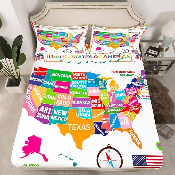USA Map Fitted Sheet Twin, Geography USA Map Bed Sheet Set for Boys Girls Educational Bedding Set Learning Time Bed Cover 2Pcs (No TOP Sheet)