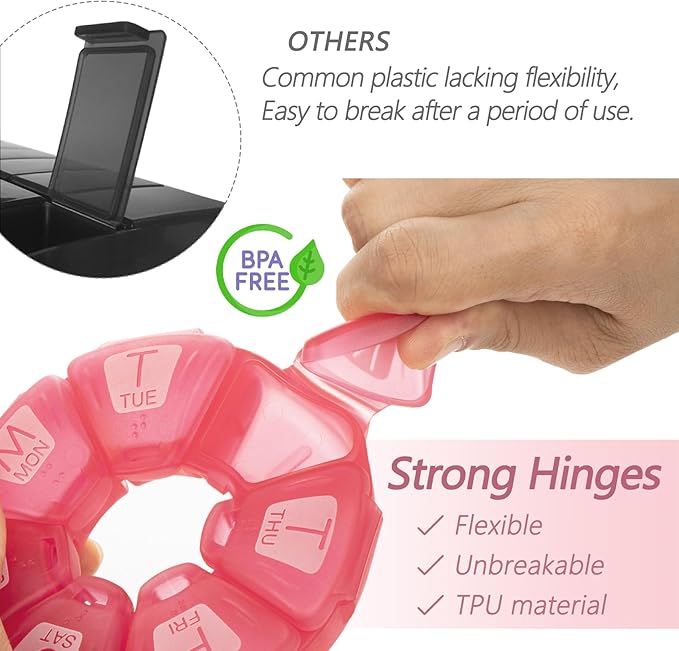 Round Weekly Pill Organizer, Soft-Touch Silicone, Travel Pill Container 7 Day, with 7 Large Compartments, Great for Daily Vitamins & Supplements, Cute Pill Case with Large Letters and Braille (2 pcs)