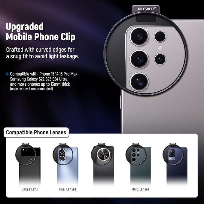 NEEWER 67mm Clip On Variable ND Filter Kit with Cold Shoe Phone Clip, Adjustable ND2-32 Filter Compatible with iPhone 17 16 15 Pro Max Plus Android Samsung Galaxy S24 S25 Ultra