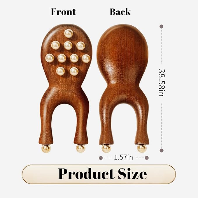 Sandalwood Facial Massage Roller with 12 Brass Beads, Wooden Y-Shaped Guasha Tool for Face, Eye, Nose, Ear Meridian Acupoint Massage