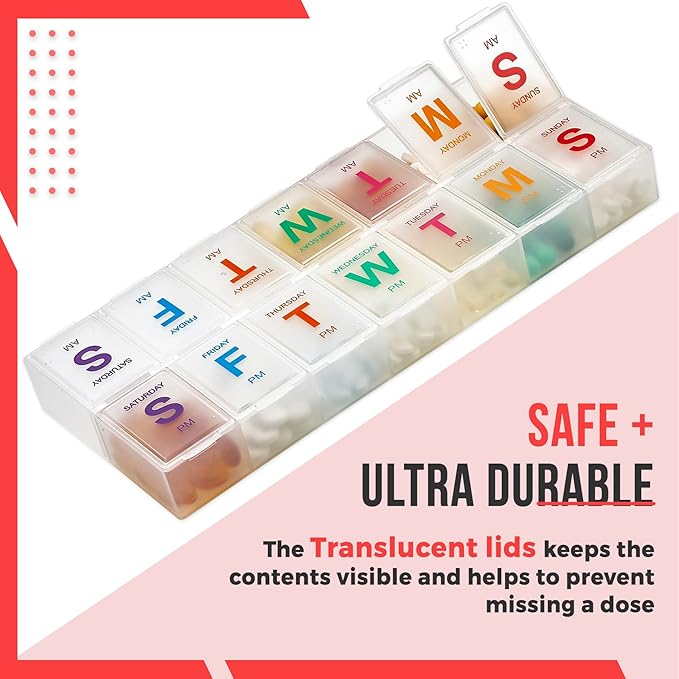 Extra Large Pill Organizer - Pill Box 7 Day Weekly Pill Organizer 2 Times a Day and AM PM Daily Pill Organizer Case for Medication Pills and Supplements with Braille and Bright XL Easy to Read Colors