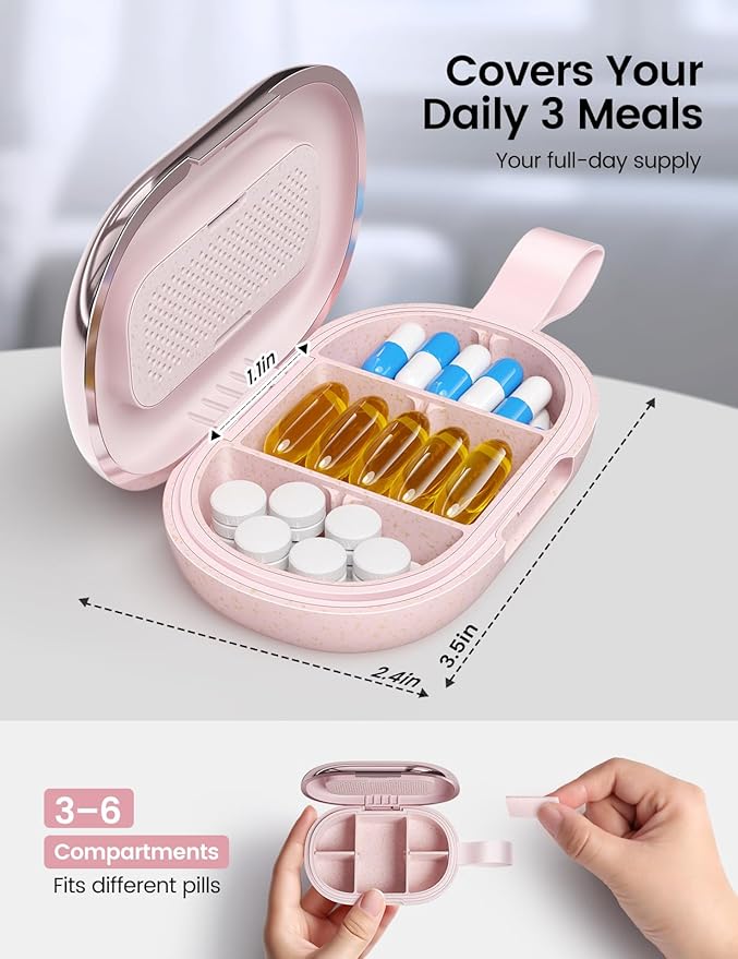 Travel Pill Organizer, Adjustable 3-6 Compartments Portable Pill Box, Small Metal Case, Daily Medicine Container, Moisture Proof Storage Dispenser Holder Vitamin Supplement for Pocket Purse