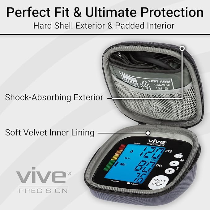 Vive Precision Blood Pressure Monitor Case - Hard Carrying Medical Travel Storage Bag - Universally Compatible Portable BPM Cuff, Health Accessories Pouch Replacement with Carrying Strap - Shockproof