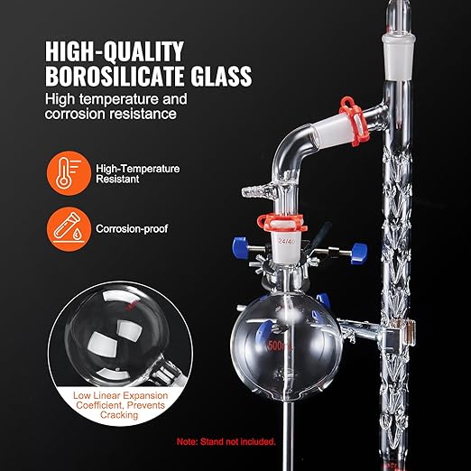 VEVOR Laboratory Distillation Set, 3.3 Borosilicate Glass Equipment with 24/40 Joint, 1000ml Capacity for Essential Oil Extraction, 14-Piece Glassware Kit