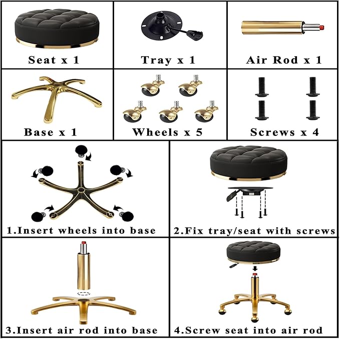 Rolling Stool Gold Vanity Stool with Wheels, Pedicure Massage Roller Stools, PU Leather Round Swivel Salon Spa Chair, Titanium Gold Base, Height Adjustable 43-55 cm (Black)