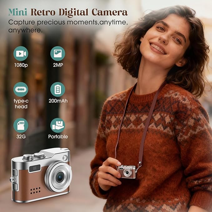 Mini Digital Camera, Keychain Camera 1080P HD with 2MP Lens, Flash, Video Recording, 32G Card Included, Portable and Compact Retro Vlog Camera for Travel, Kids, Brown