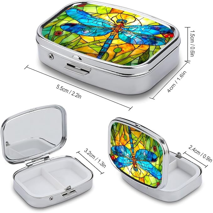 Blue Dragonfly Pill Box 2 Compartment Flora and Fauna Stained Glass Portable Medicine Pill Case Travel Pill Organizer for Pocket Purse