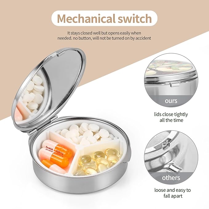Dynippy Pill Case Pill Box with Mirror Pocket 3 Compartment Medicine Case Vitamin Pill Organizer for Pocket Purse and Travel (Round, Silver-Lucky Shamrocks)