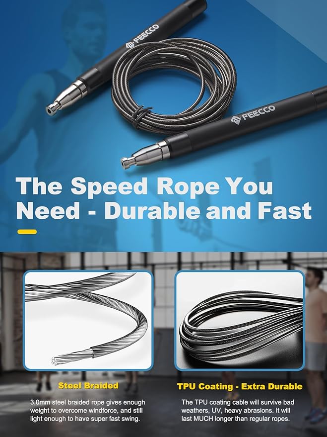 FEECCO Speed Jump Rope - Quick Rope Adjustment, Metal Handles with Silicone Grip