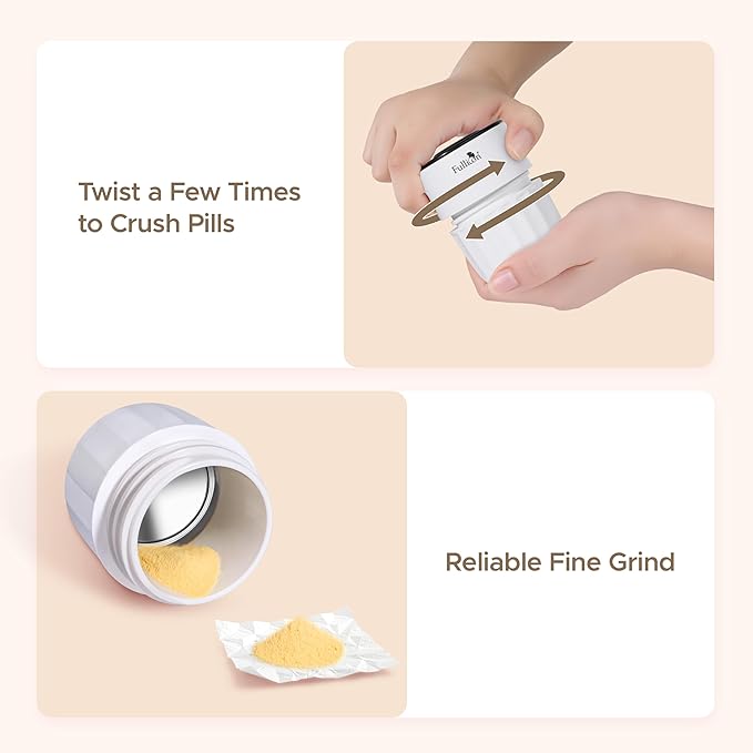 Fullicon Pill Crusher Fine Powder, Stainless Steel Grinder Head, 2-in-1 Medicine Crush with Storage, Small Pill Grinder for Pets, Elderly & Kids (Black White)