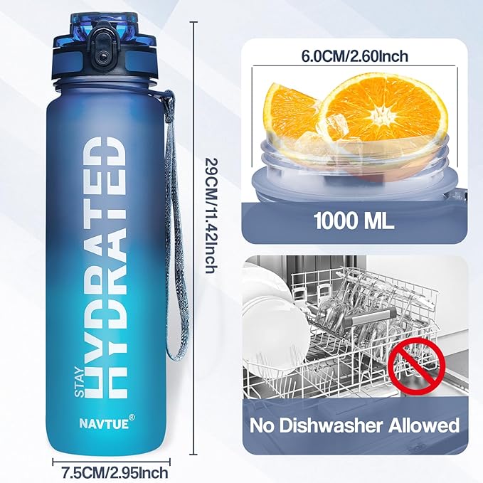 Water Bottle, 32oz Sports Water Bottles with Time Marker Wide Mouth, Motivational and Leakproof Drink Bottle, BPA Free Tritan with Carry Strap for Gym Fitness Outdoor (1 Bottle)