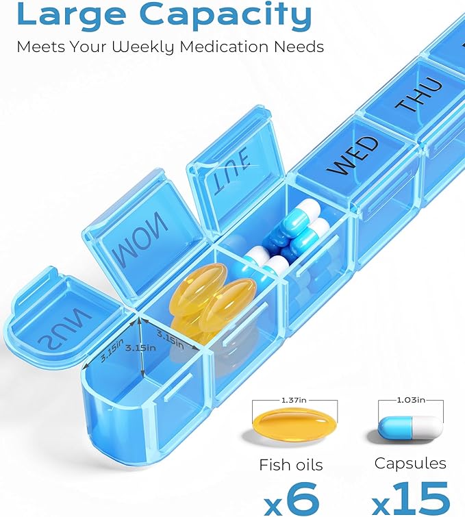 Daviky Weekly Pill Organizer, Large 7 Day Pill Box, Travel Pill Case, Daily Pill Dispenser for Vitamins, Medicines, Supplements, and Fish Oil(Blue)