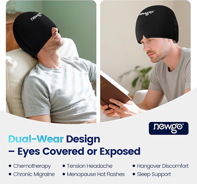 NEWGO Migraine Relief Cap Headaches Ice Cap with Top Coverage, Hot and Cold Therapy, Migraine Headache Relief Cap for Tension, Stress & Hangover