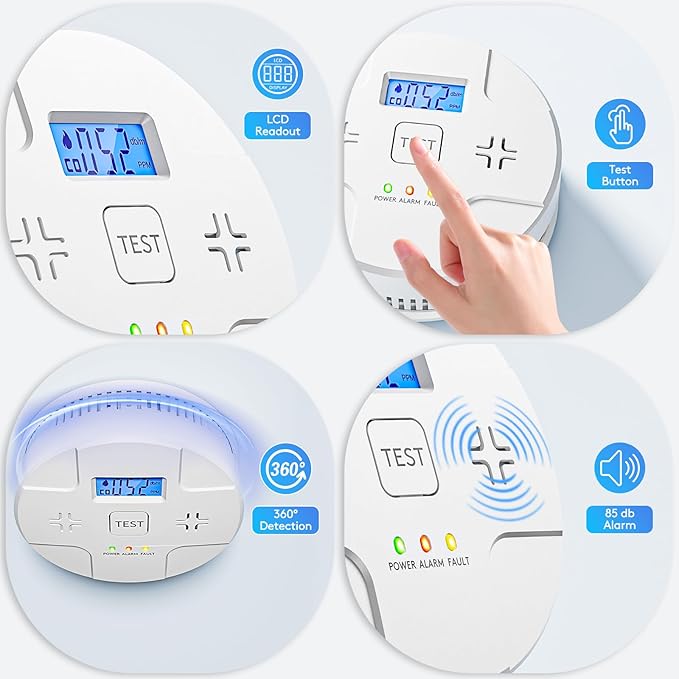 5 Packs,Smoke Detector Carbon Monoxide Detector Combo,2-in-1 Detection,85 dB Alarm,LED Indication,LCD Digital Displays,Battery Operated,(Includes 3 x 1.5V AA Batteries),Easy to Install,Portable Use