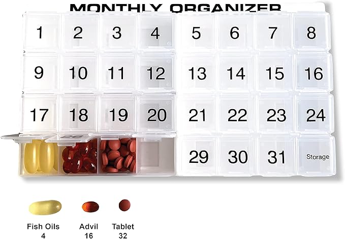 31 compartments, 1 per Day, 4 Week Monthly Pill Organizer by Promed. Includes Tray and 8 Removable compartments. (White)