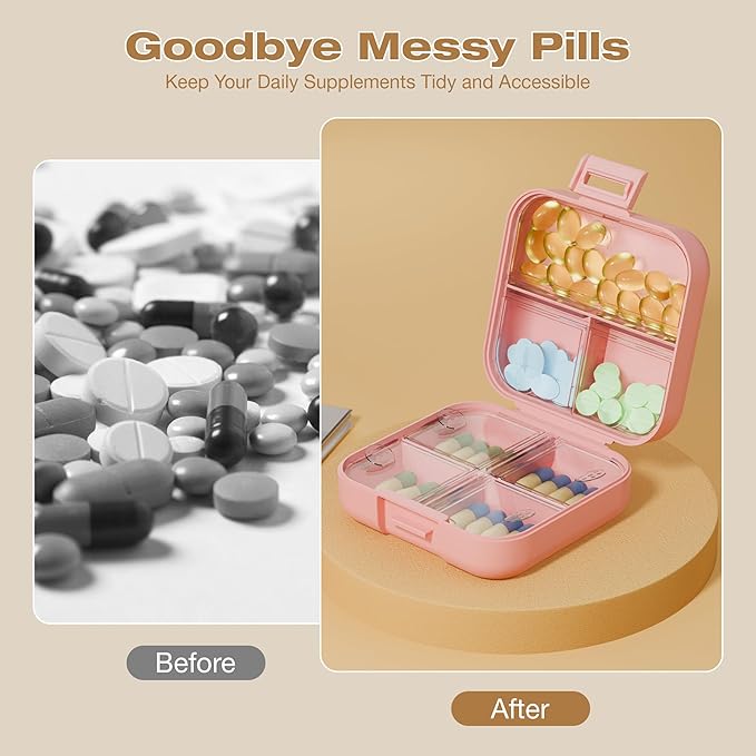 Small Travel Pill Box, Double Layer 7-Compartments Pill Organizer, 3.1" x 3.1" x 1.4" Portable Weekly Pill Case Container for Pocket, 7 Day Compact Medicine Holder for Vitamins, Fish Oils Pink