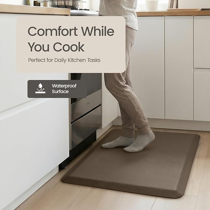 Anti Fatigue Kitchen Mats for Floor | Padded Kitchen Rugs | Non Slip, Cushioned Standing Desk Mat | Waterproof Floor Mat for Home and Office | 17.3" x 28" X 0.47", Brown, 1-Pack | More Décor