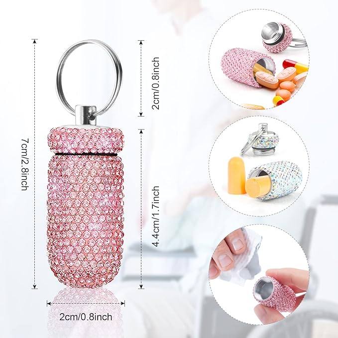 2 Pack Portable Pill Case Bling Rhinestone Pill Container Box Waterproof Medication Holder Organizer Bottle with Keychain for Outdoor Camping Travel Purse Pocket