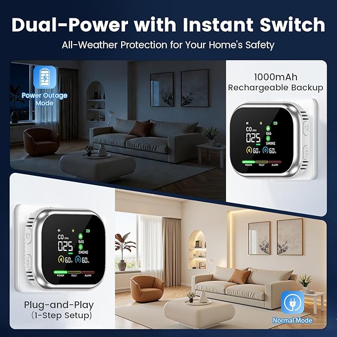 6 in 1 Carbon Monoxide Detectors, Plug-in Gas and Smoke Alarm with Magnetic Base and Backup Battery, Portable Gas Leak Detector Featuring Large LCD Display and Audible/Visual Alarms for Home, RV(Gray)