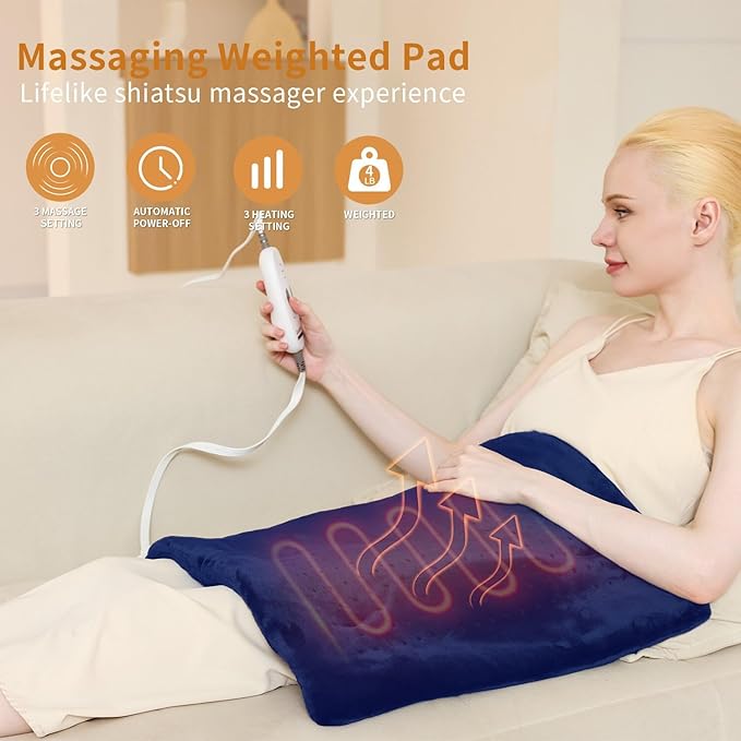 Massaging Weighted Heating Pad for Back Pain Relief,Heating Pads for Neck, Shoulder,Cramp,Portable Heated Pad with 3 Heat Settings & 6 Massage,18 Relaxing Combinations,Auto Off,20"*24",Dark Blue