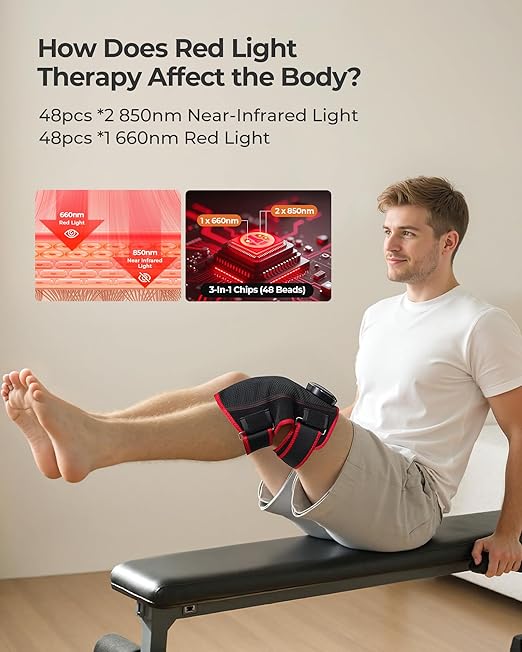 Red Light Therapy for Knee, Heated Knee Massager for Pain Relief, Cordless Knee Wrap with Vibration Massage, 3000mAh Battery, 660 & 850nm Near Infrared Light Therapy for Joint/Elbow/Shoulder