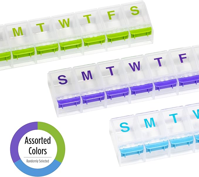EZY DOSE Weekly (7-Day) Pill Organizer, Vitamin and Medicine Box, Large Push Button Compartments, Clear Lids (Pack of 2)
