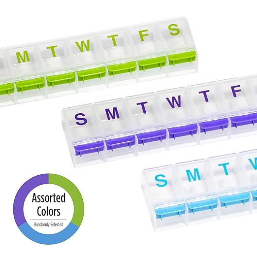 EZY DOSE Weekly (7-Day) Pill Case, Medicine Planner, Vitamin Organizer Box, Medium Push-Button Compartments, Convenient and Easy to Use, Color May Vary, BPA Free