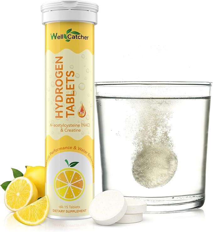 Hydrogen Tablets for Drinking Water: Molecular Hydrogen Tabs 12.4PPM with Magnesium NAC Creatine Supports Antioxidants Cellular Health Recovery Cognitive Function Vegan Organic Lemon Flavor