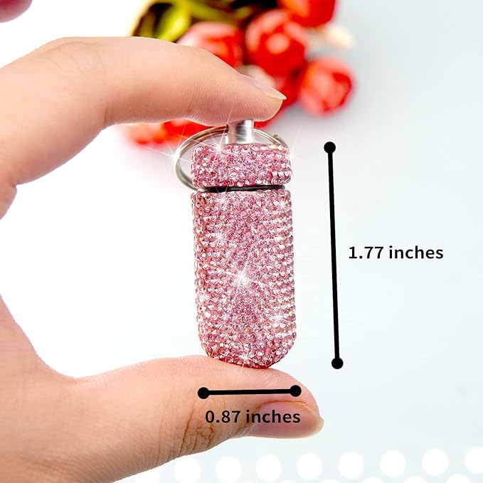 Yuchew Bling Pill Case Pill Container Rhinestone Pill Box Portable Waterproof Pocket Pill Holder Storage Bottle with Keychain for Travel, Outdoor, Camping (Pink)